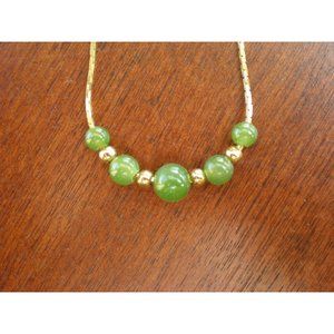 Vintage 1980s NS Nickel Silver 16" Flat Herringbone Gold Plated Necklace w/ Jade